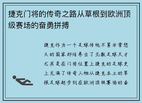 捷克门将的传奇之路从草根到欧洲顶级赛场的奋勇拼搏